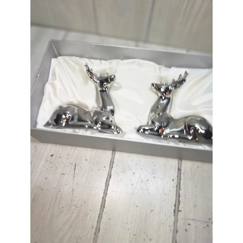 Pier 1 Reindeer Salt & Pepper Shakers Silver Tone Holiday Christmas Festive NIB